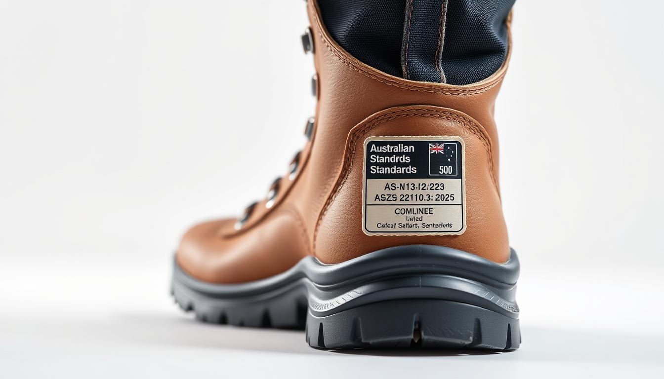 Australian Standards certification tag on safety boots showing compliance details for 2025