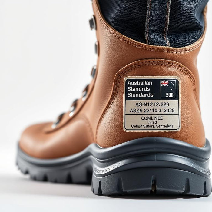 Australian Standards certification tag on safety boots showing compliance details for 2025