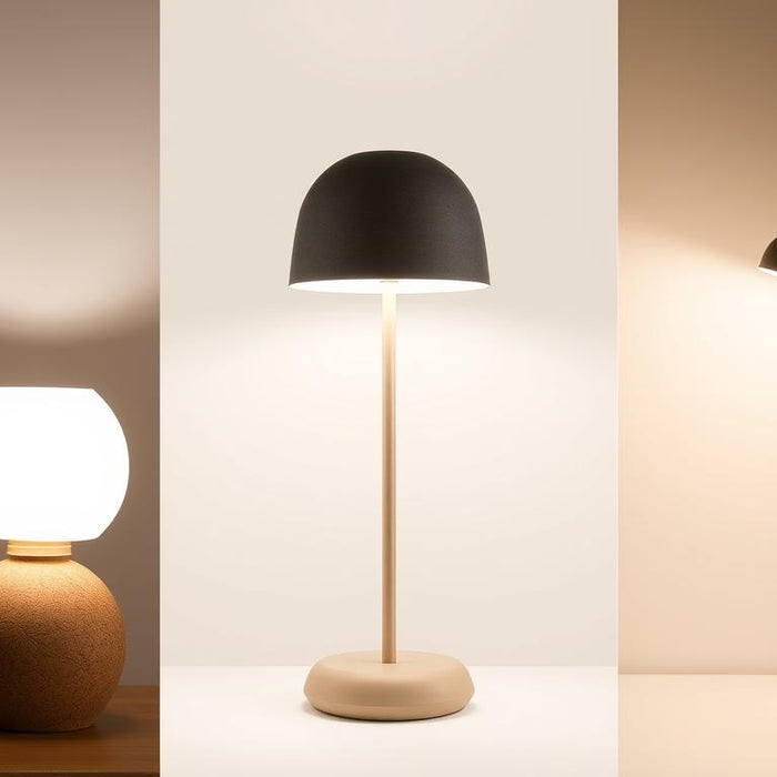 Collage of 2025 table lamp design trends showing sustainable materials, smart features, and minimalist aesthetics