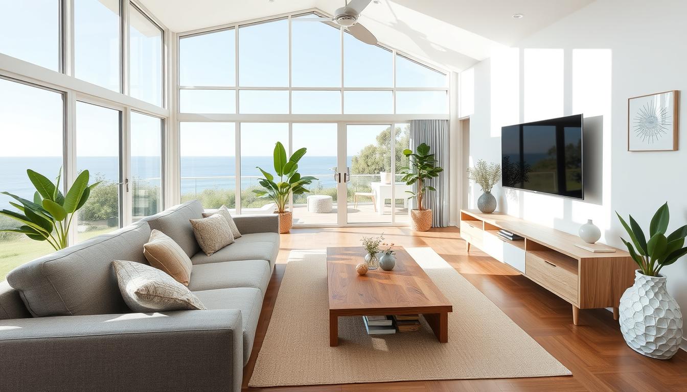 Modern Australian living room featuring a complete furniture set with sofa, coffee table, and entertainment unit in natural timber finish