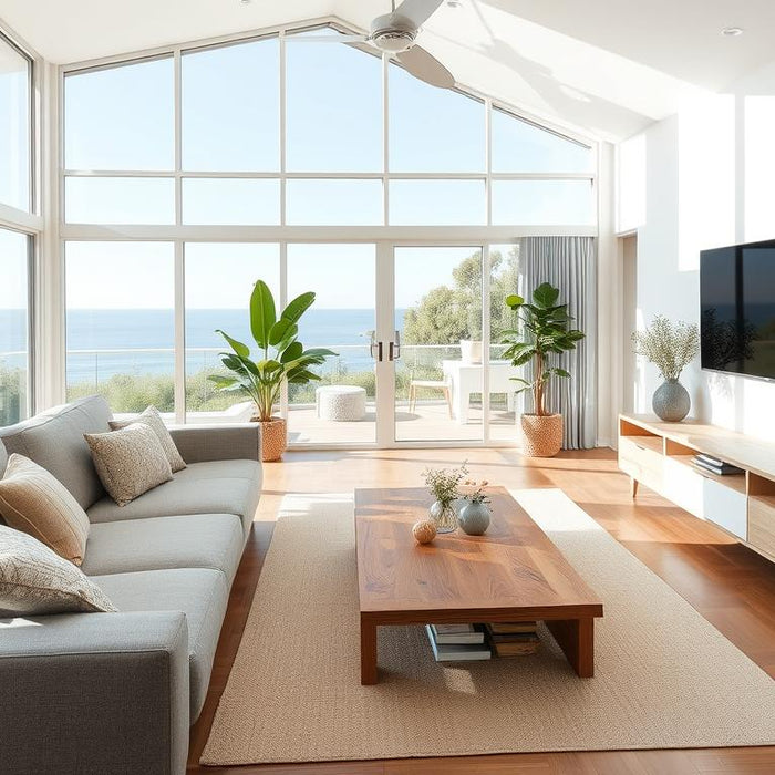 Modern Australian living room featuring a complete furniture set with sofa, coffee table, and entertainment unit in natural timber finish