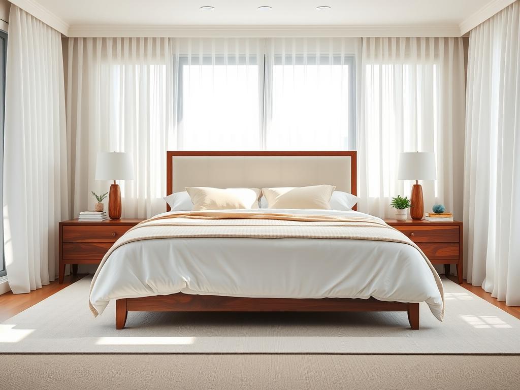 Modern Australian bedroom with stylish wooden bedside table nightstands