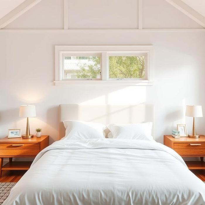 Modern bedroom featuring elegant wooden bedside tables with decorative lamps and personal accessories