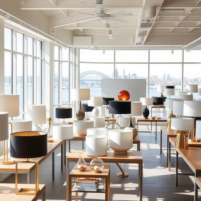 Collection of modern table lamps displayed in a Sydney home interior showroom with harbor views