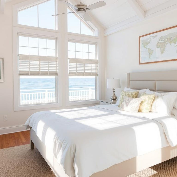 Luxurious king size bed in modern Australian bedroom with coastal decor