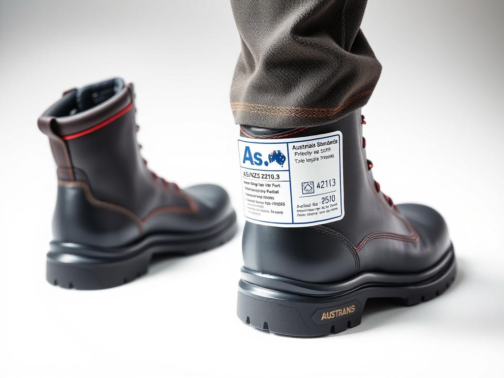 Safety boots with Australian Standards certification tag showing compliance details