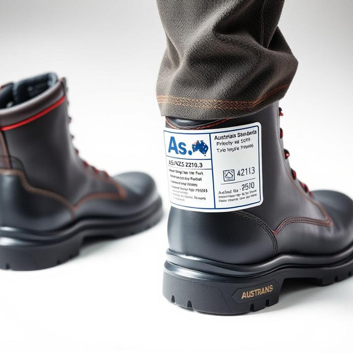 Safety boots with Australian Standards certification tag showing compliance details