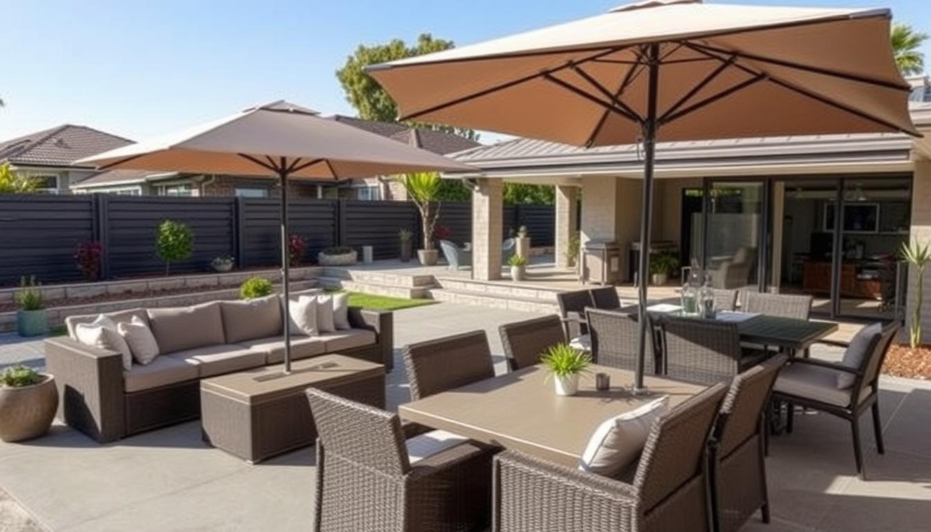 Modern Australian outdoor living area featuring a complete patio furniture set with lounge setting, dining table, and umbrellas in a contemporary backyard setting