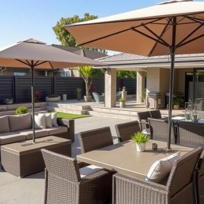 Modern Australian outdoor living area featuring a complete patio furniture set with lounge setting, dining table, and umbrellas in a contemporary backyard setting