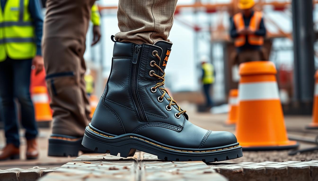 Hard Yakka 3056 lace zip safety boots displayed on Australian worksite with workers in background
