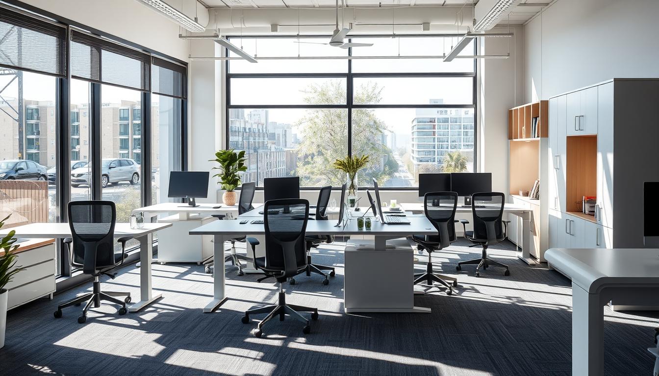 Modern Australian office featuring a complete furniture set with ergonomic chairs, adjustable desks, and storage solutions