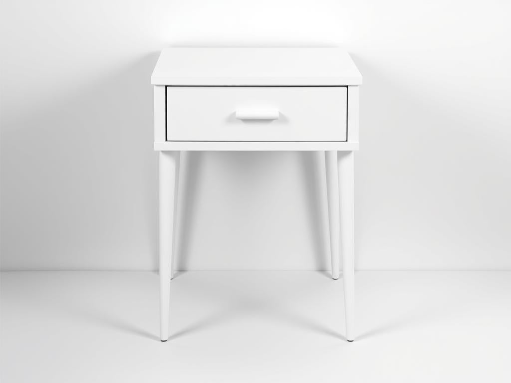 Minimalist white bedside table with single drawer