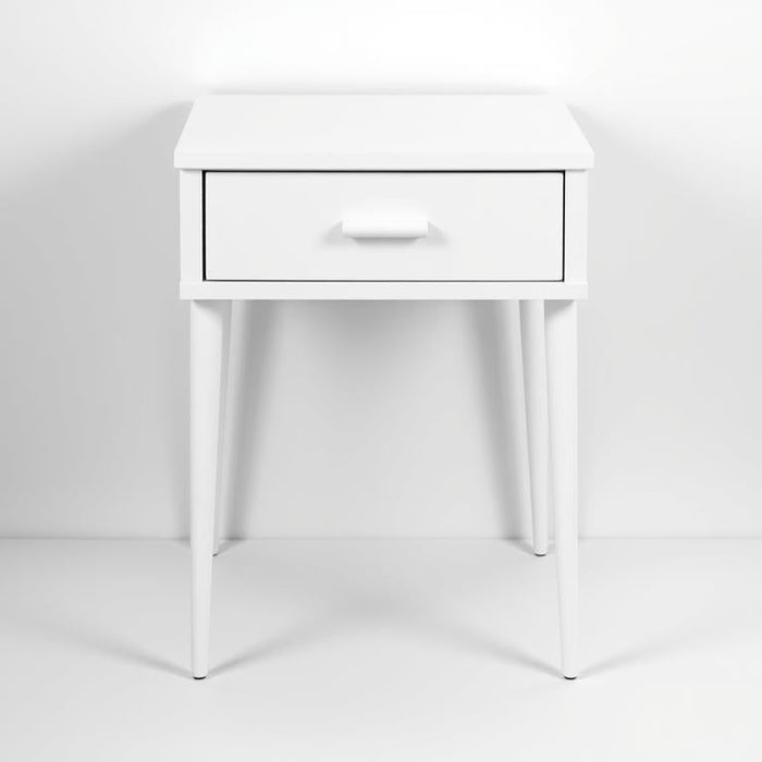 Minimalist white bedside table with single drawer