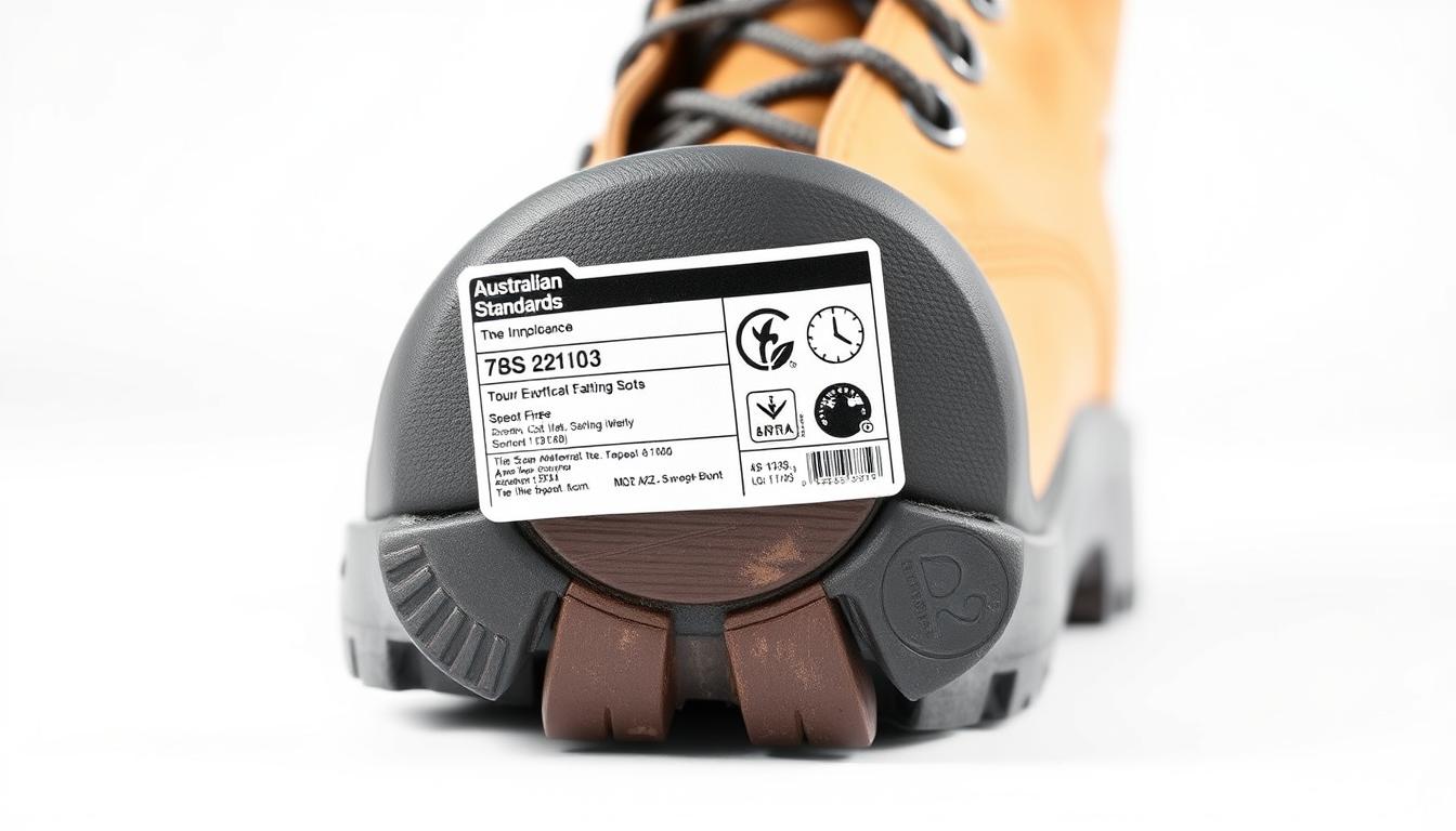 Safety boot showing AS/NZS 2210.3 certification tag with detailed compliance information