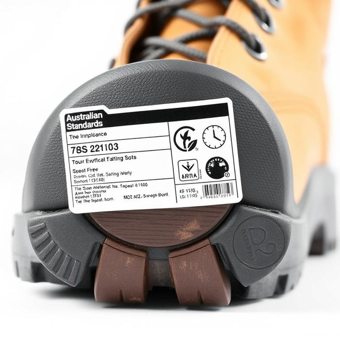 Safety boot showing AS/NZS 2210.3 certification tag with detailed compliance information