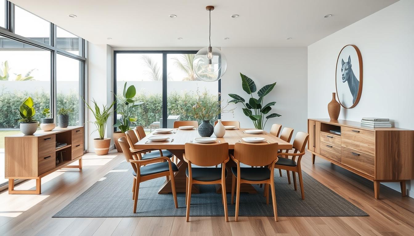 Modern Australian dining room featuring a complete furniture set with dining table, chairs, and sideboard in natural timber finish