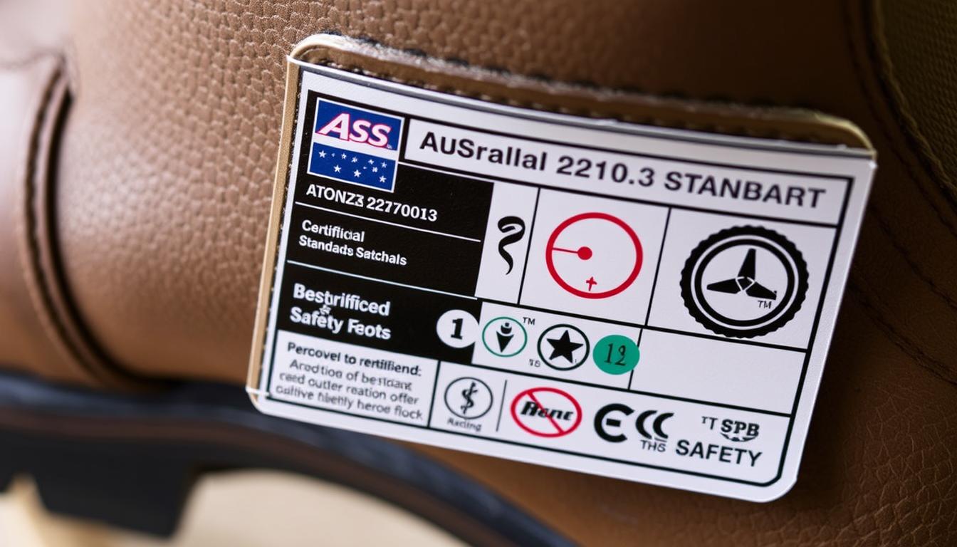 Australian Standards certification tag on safety boots showing compliance details for 2023