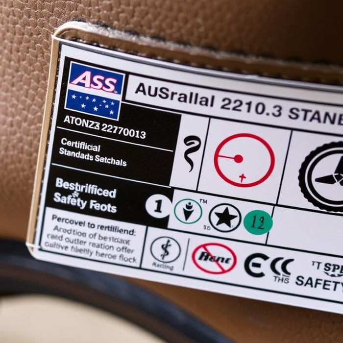 Australian Standards certification tag on safety boots showing compliance details for 2023