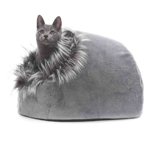 Luxuriously plush cat igloo bed in serene home setting