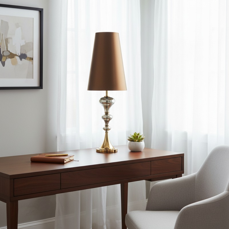 Tall metallic gold table lamp with slim brown shade on timber study desk in bright Australian home.