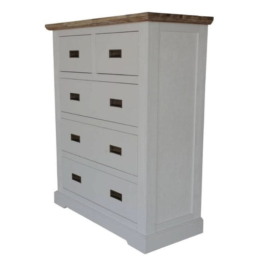 Artisanal Multi-Tone Tallboy from Folkestone, Featuring Elegant Acacia Wood and Antique Handles
