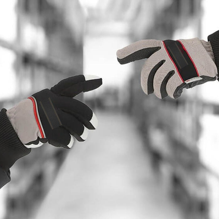 Two people wearing protective work gloves reaching toward each other in a warehouse aisle