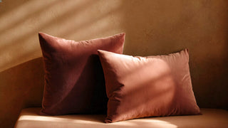 Two velvet throw pillows in warm terracotta tones on a beige sofa, soft sunlight accents.