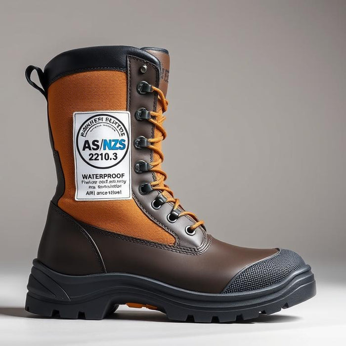 Safety boot displaying the AS/NZS 2210.3 certification tag with waterproof rating information