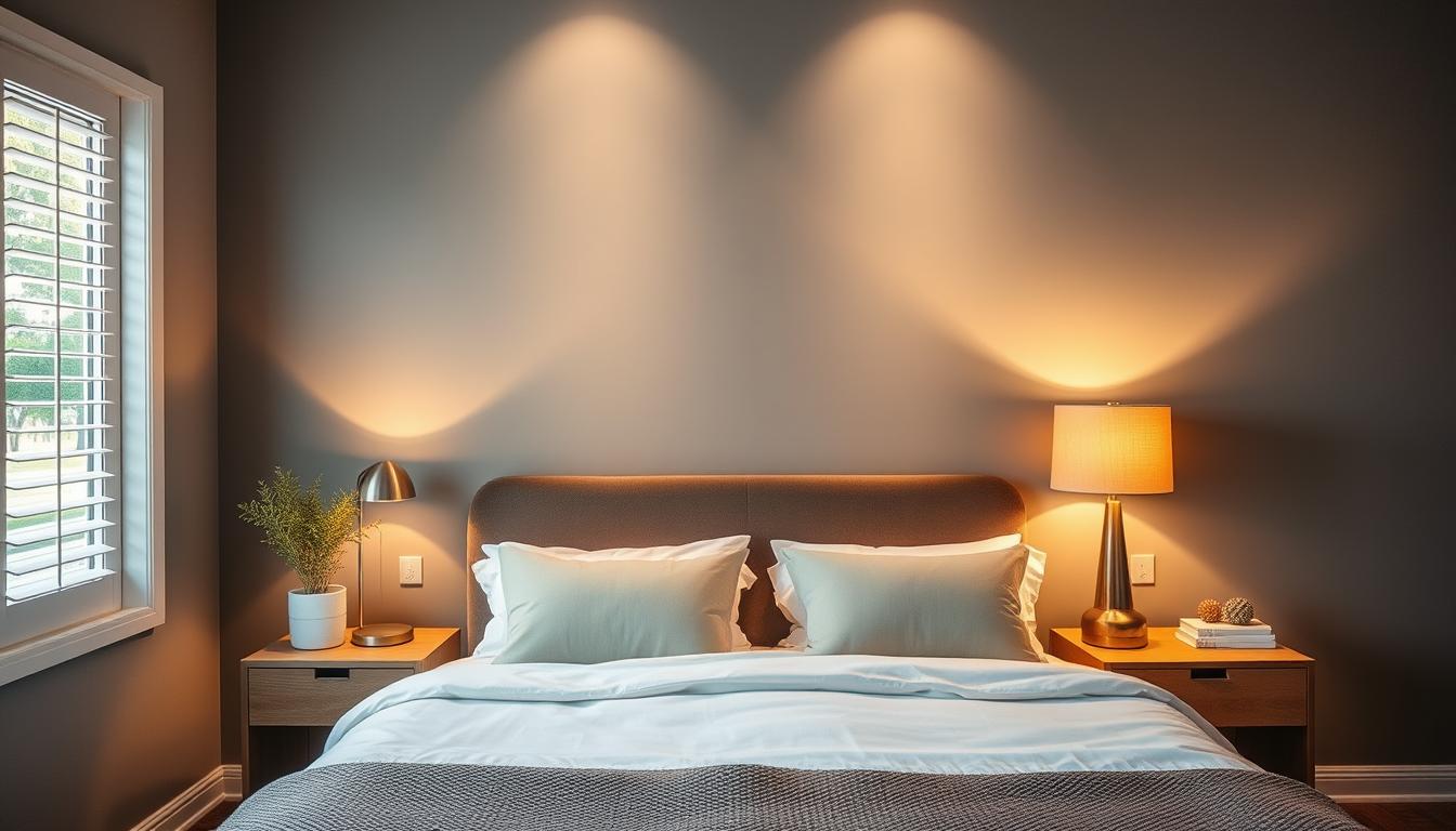 Stylish bedroom with bedside table lamps creating warm ambiance