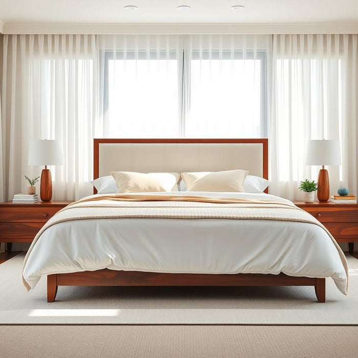 Modern Australian bedroom with stylish wooden bedside table nightstands