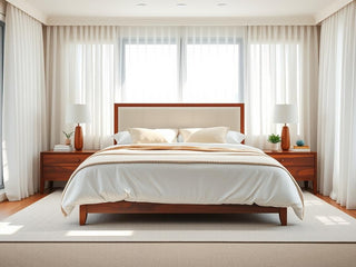 Modern Australian bedroom with stylish wooden bedside table nightstands