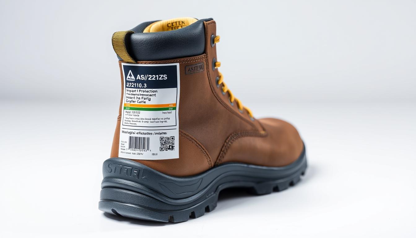 Safety boot displaying the AS/NZS 2210.3 certification tag with impact protection rating information