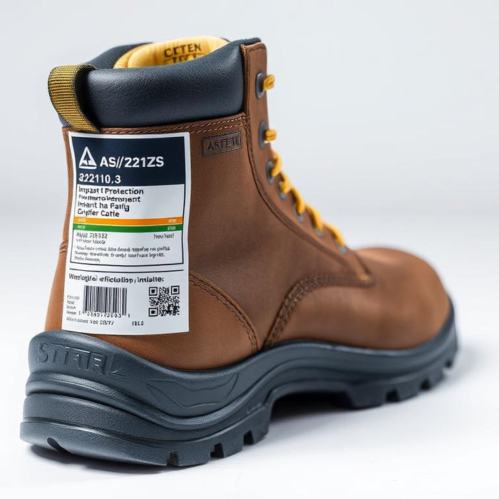 Safety boot displaying the AS/NZS 2210.3 certification tag with impact protection rating information