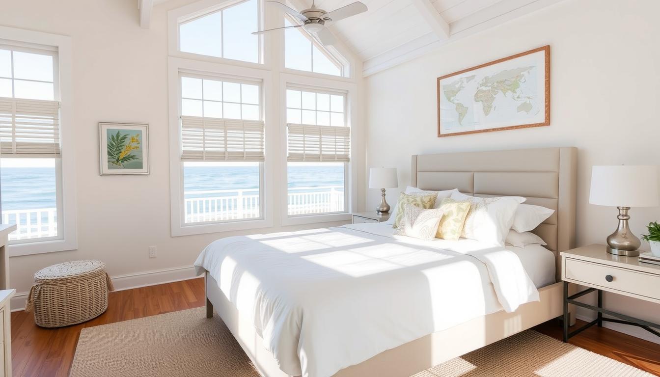 Luxurious king size bed in modern Australian bedroom with coastal decor