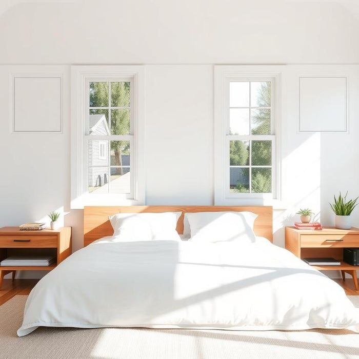 Modern Australian bedroom featuring matching wooden bedside table nightstands with natural timber finish
