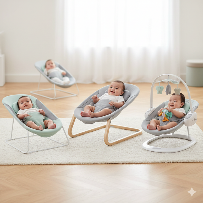 Babies in modern baby bouncers on a light rug, with toys attached, in a bright nursery