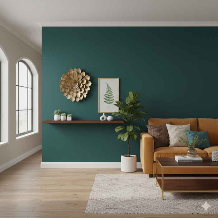 Modern living room with green accent wall, tan sofa, indoor plant, and decorative shelf