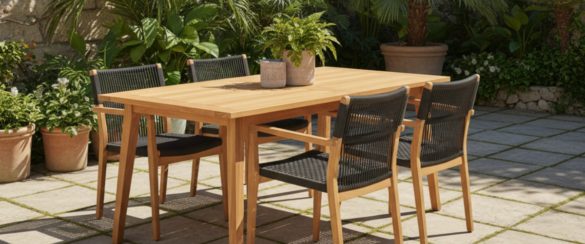 Outdoor wooden dining table with four black woven chairs on a patio, surrounded by potted plants.