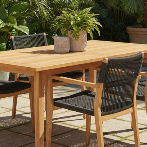 Outdoor wooden dining table with four black woven chairs on a patio, surrounded by potted plants.