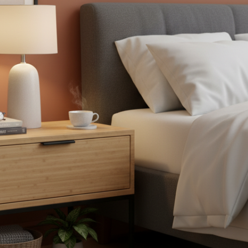 Modern bedroom with grey upholstered bed, bamboo nightstand, lamp, and minimal decor