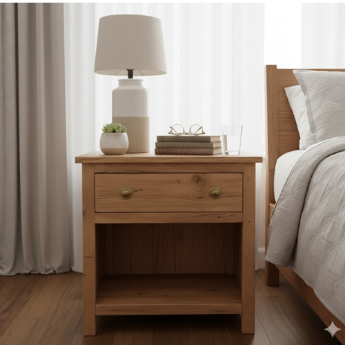 Modern bedroom with wooden nightstand, table lamp, books, and neutral bedding