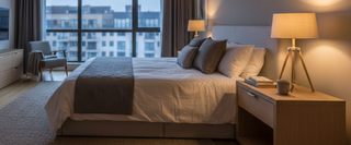 Modern bedroom with large windows, cozy bed, wooden nightstand, and warm lighting