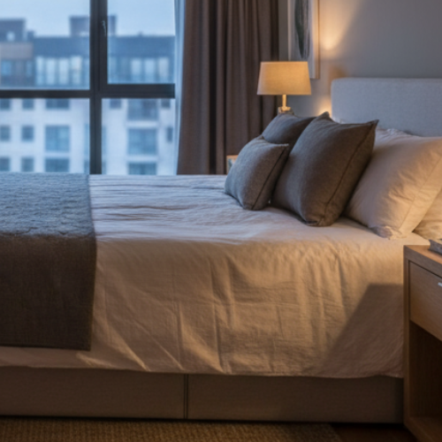 Modern bedroom with large windows, cozy bed, wooden nightstand, and warm lighting