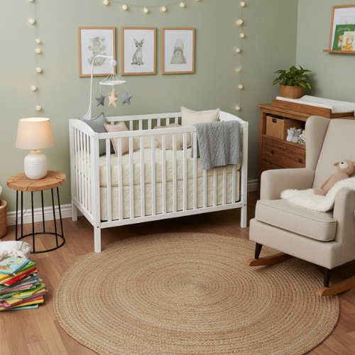 Cozy nursery room with white crib, rocking chair, dresser, and nature-themed decor