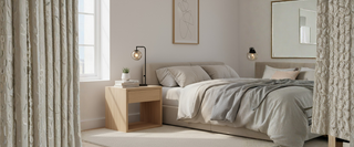 Modern minimalist bedroom with cozy bedding, wooden nightstand, and soft natural lighting