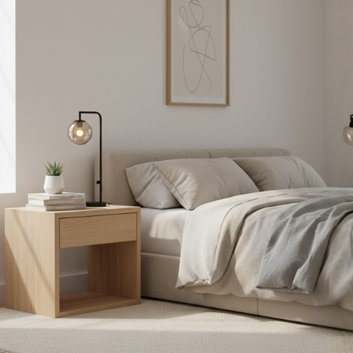 Modern minimalist bedroom with cozy bedding, wooden nightstand, and soft natural lighting