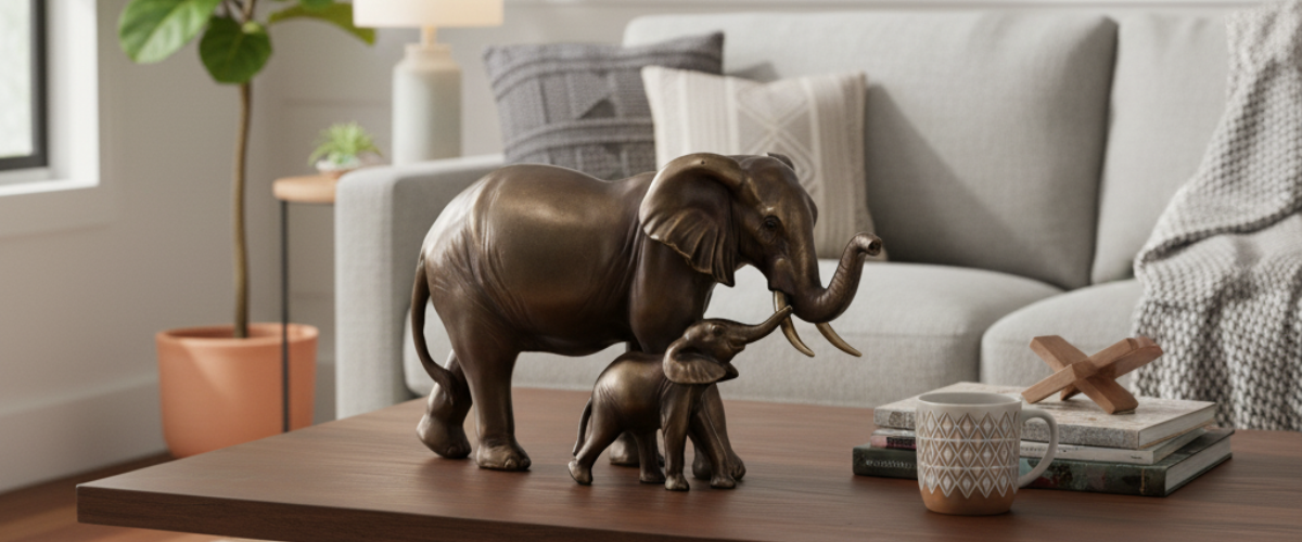 Bronze elephant figurines on a modern living room coffee table with decorative accents