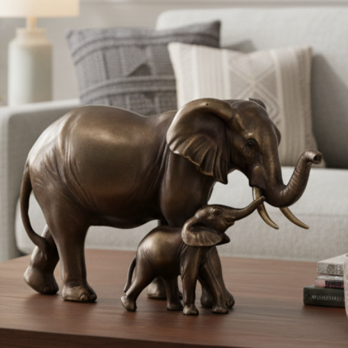 Bronze elephant figurines on a modern living room coffee table with decorative accents