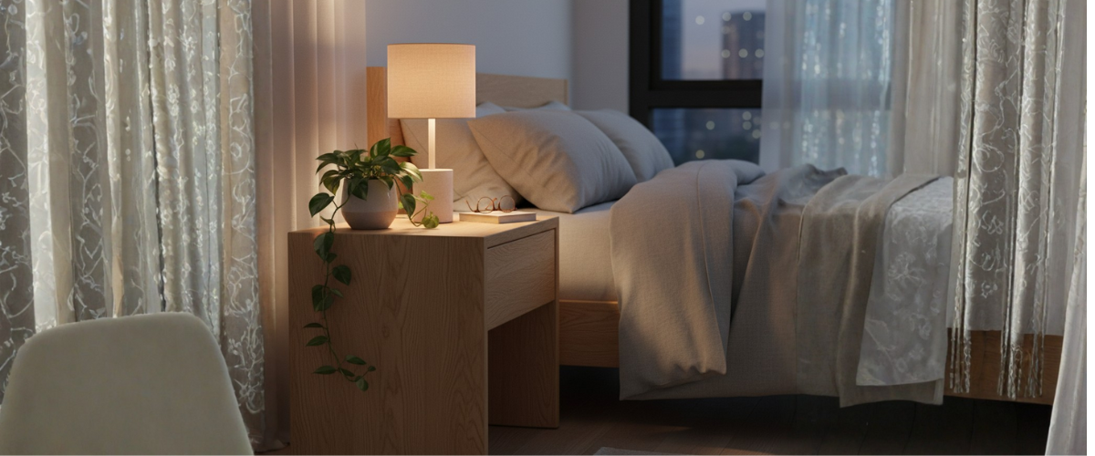 Modern bedroom with wooden nightstand, lamp, houseplant, and cozy bedding near window