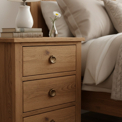Wooden bedside table with drawers, lamp, books, and flower vase in a cozy bedroom setting
